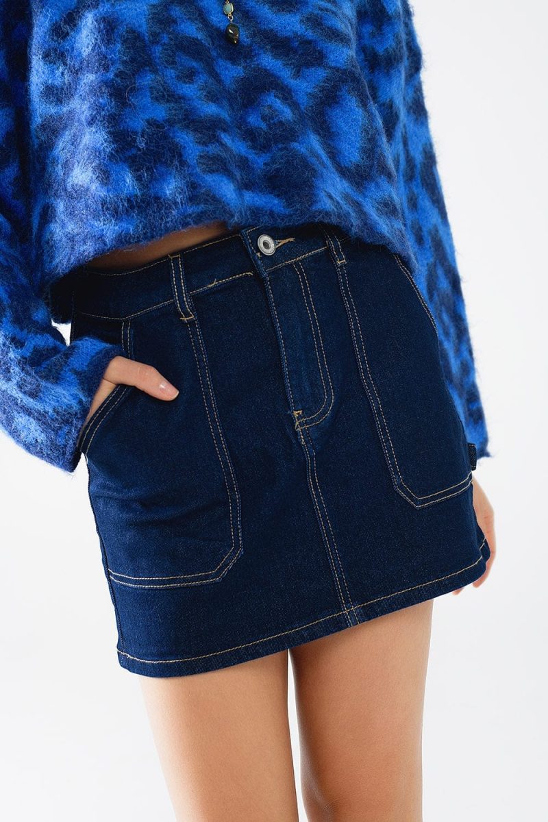 q2 women s skirt dark wash denim mini skirt with front pockets dark wash denim mini skirt with front pockets 42084541530370