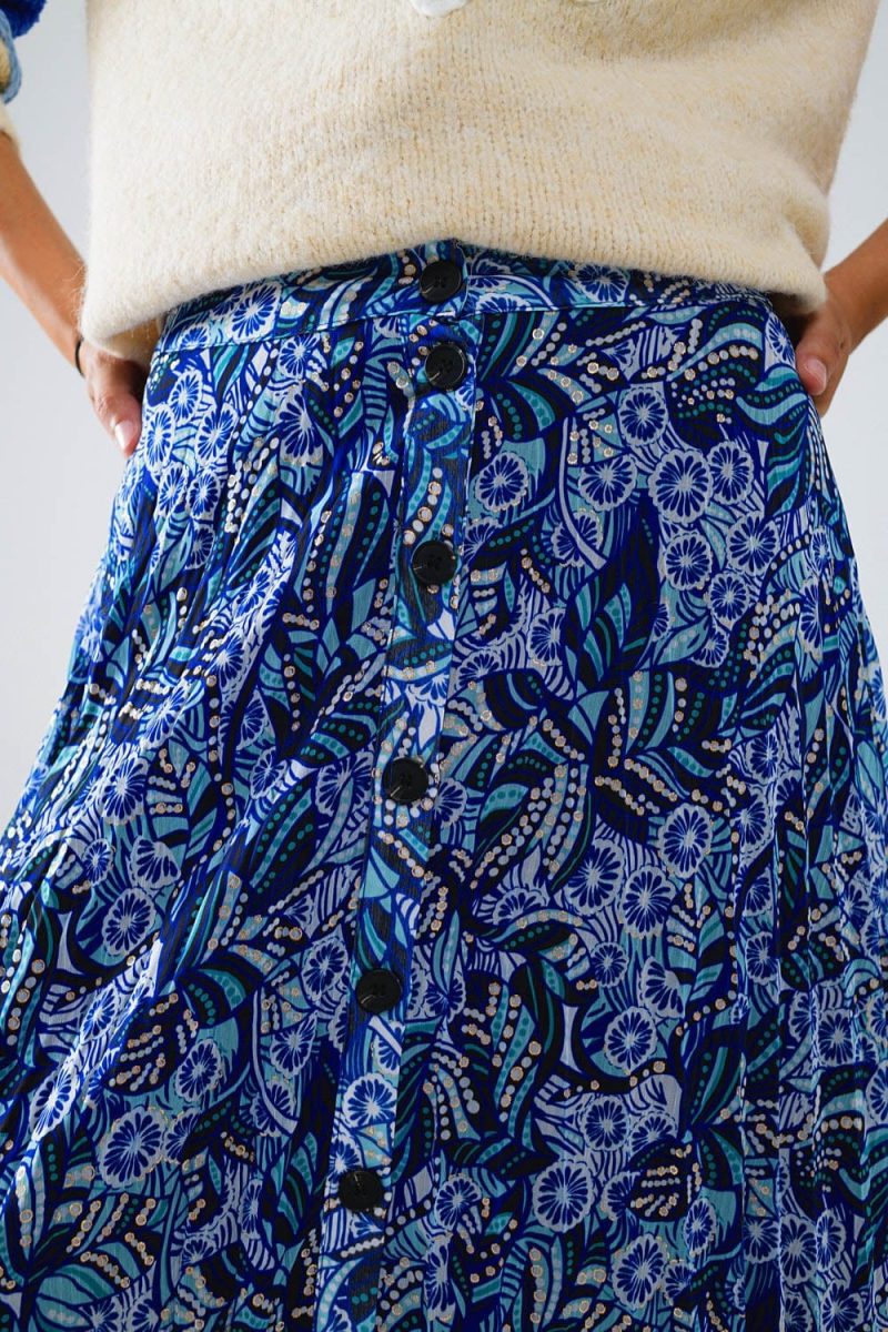 q2 women s skirt midi pleated skirt in blue abstract print with button placket 41481152594178