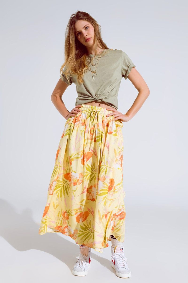 q2 women s skirt yellow maxi skirt with tropical print yellow maxi skirt with tropical print 40455870939394