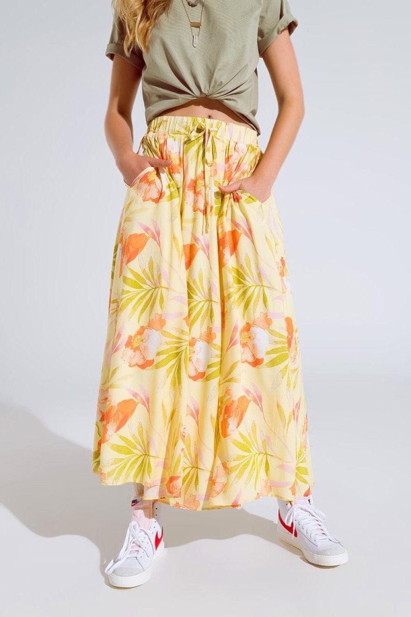 q2 women s skirt yellow maxi skirt with tropical print yellow maxi skirt with tropical print 40455871037698