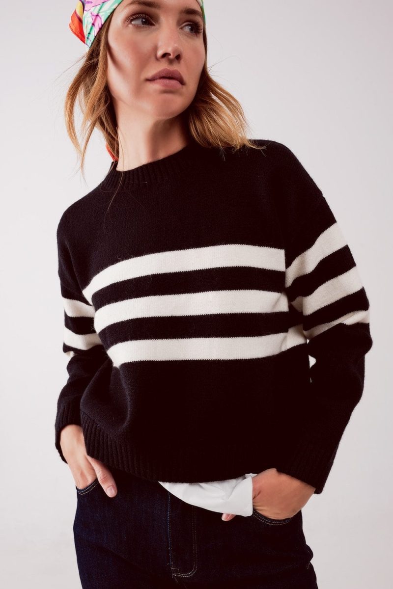 q2 women s sweater 2 in 1 striped sweater with shirt underlay in black 2 in 1 striped sweater with shirt underlay in black 39087634383106