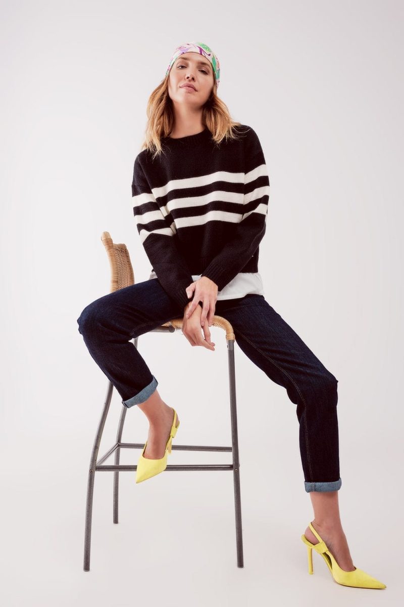 q2 women s sweater 2 in 1 striped sweater with shirt underlay in black 2 in 1 striped sweater with shirt underlay in black 39087634415874