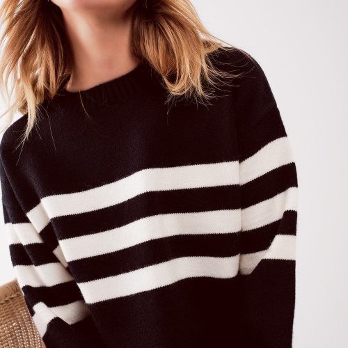 q2 women s sweater 2 in 1 striped sweater with shirt underlay in black 2 in 1 striped sweater with shirt underlay in black 39087634481410