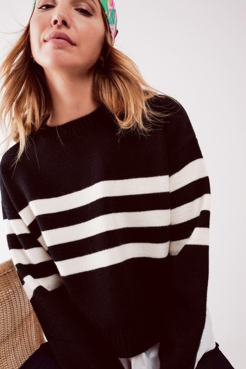 q2 women s sweater 2 in 1 striped sweater with shirt underlay in black 2 in 1 striped sweater with shirt underlay in black 39087634481410