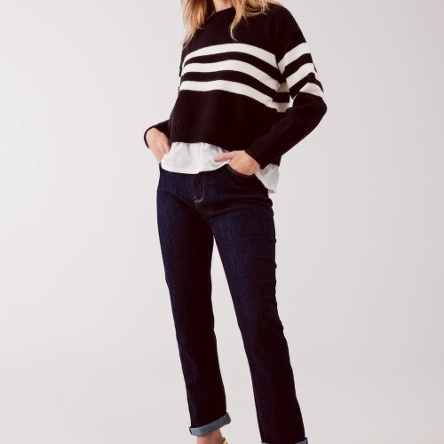 q2 women s sweater 2 in 1 striped sweater with shirt underlay in black 2 in 1 striped sweater with shirt underlay in black 39087634514178