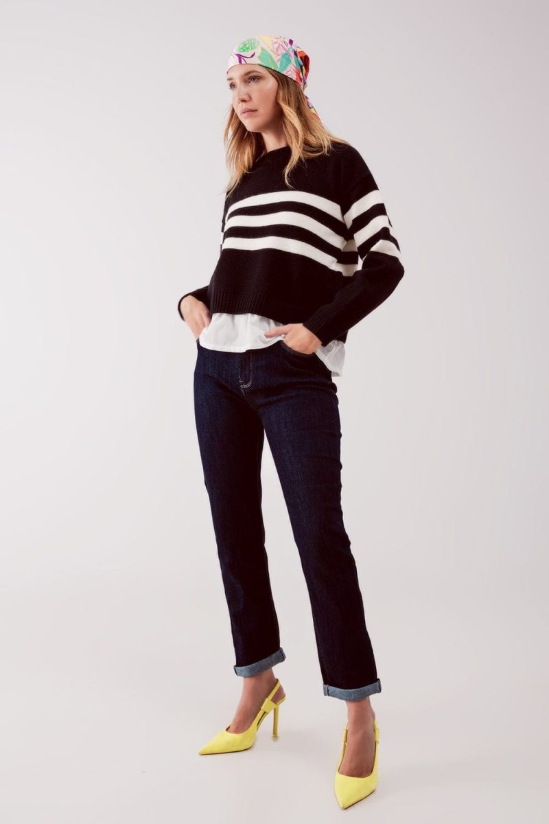 q2 women s sweater 2 in 1 striped sweater with shirt underlay in black 2 in 1 striped sweater with shirt underlay in black 39087634514178