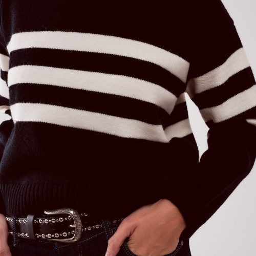 q2 women s sweater 2 in 1 striped sweater with shirt underlay in black 2 in 1 striped sweater with shirt underlay in black 39087634546946