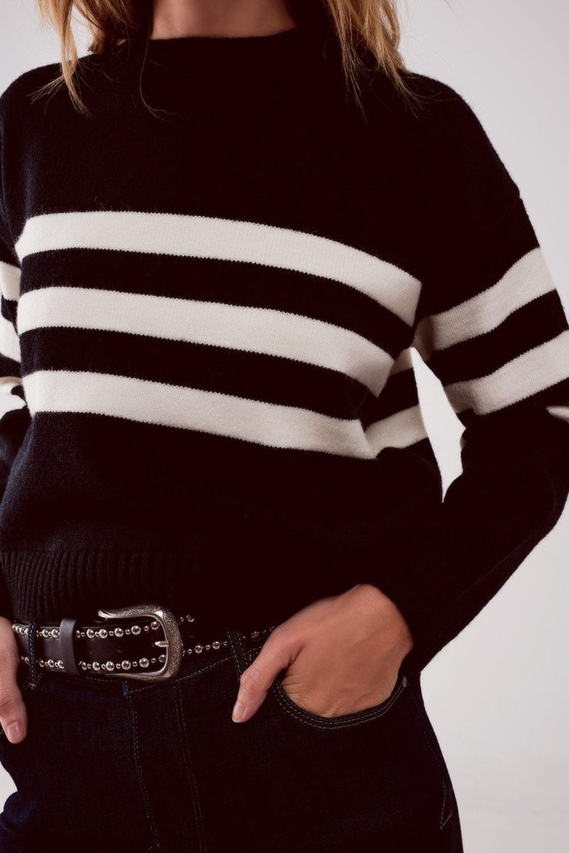 q2 women s sweater 2 in 1 striped sweater with shirt underlay in black 2 in 1 striped sweater with shirt underlay in black 39087634546946