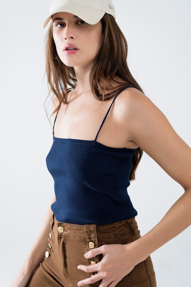 q2 women s sweater basic knitted top in navy with thin straps basic knitted top in navy with thin straps 42115316809986