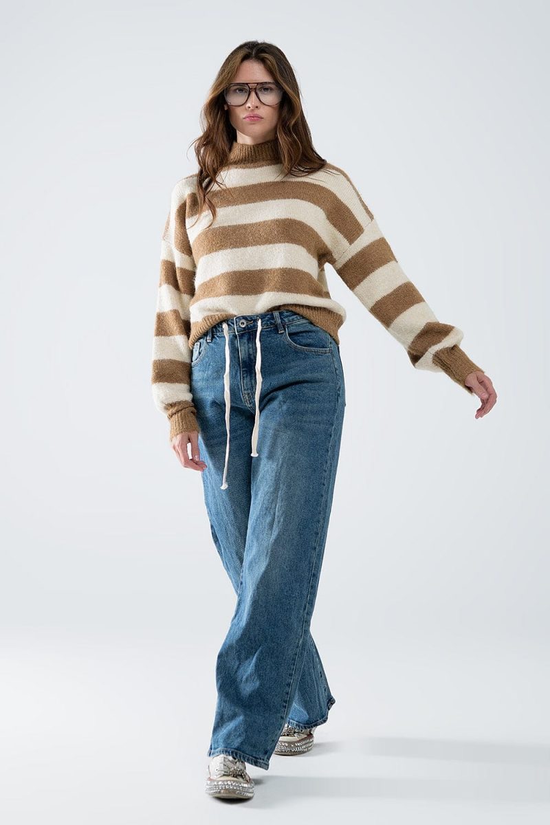 q2 women s sweater beige striped turtleneck sweater beige striped turtleneck sweater 42115313598722 1