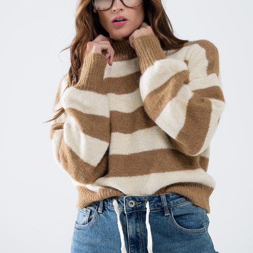 q2 women s sweater beige striped turtleneck sweater beige striped turtleneck sweater 42115313631490 1