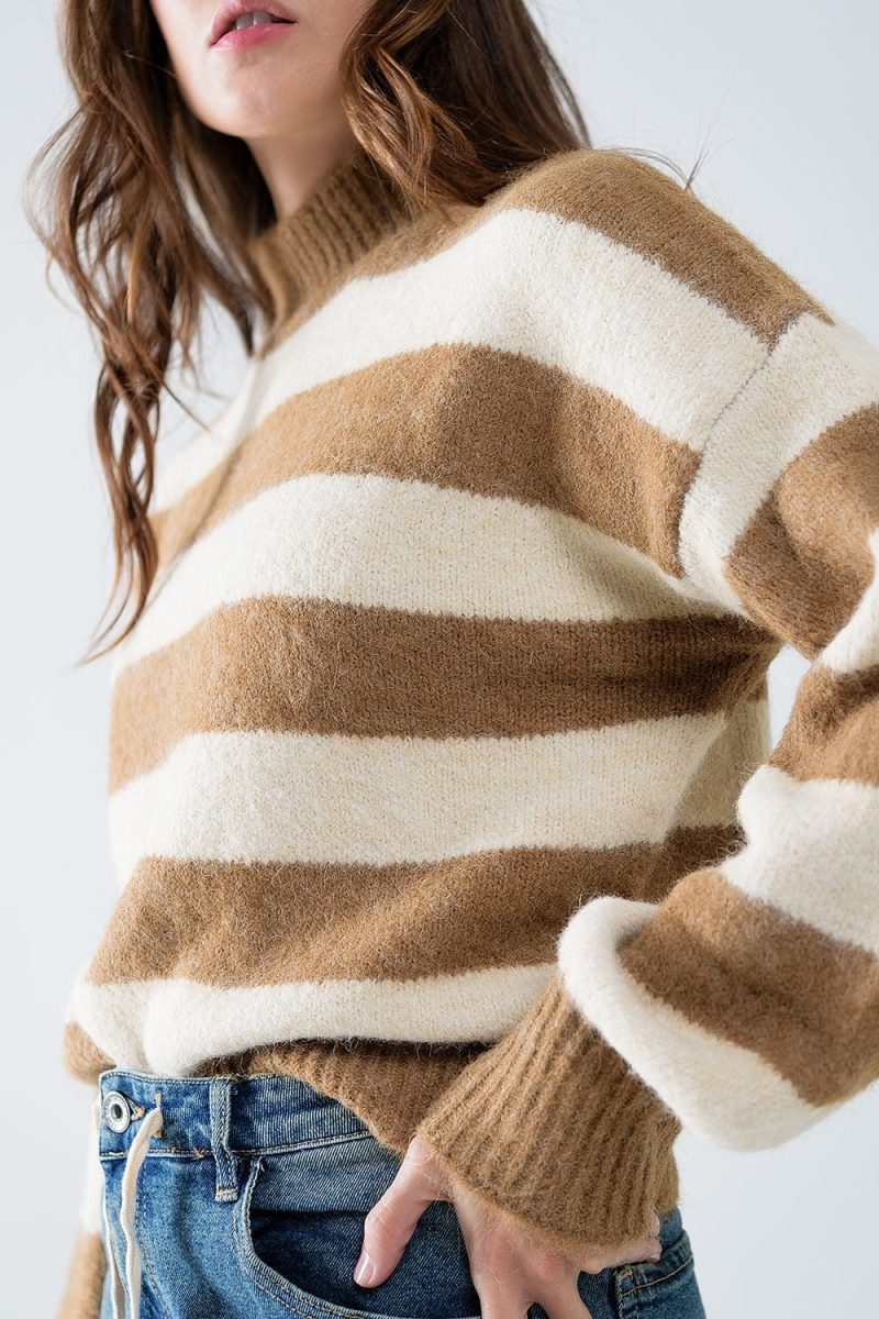 q2 women s sweater beige striped turtleneck sweater beige striped turtleneck sweater 42115313664258 1