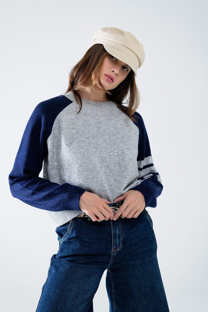 q2 women s sweater bi color raglan sleeve pullover in navy and grey bi color raglan sleeve pullover in navy and grey 42115296133378