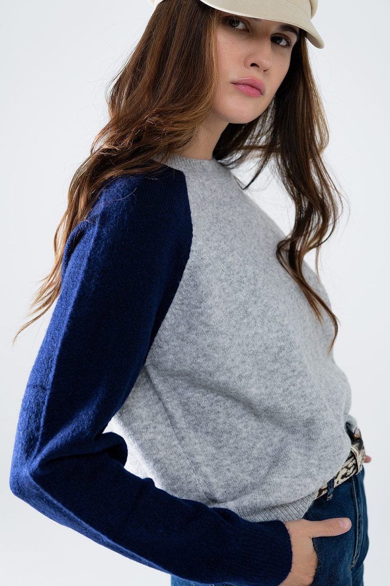 q2 women s sweater bi color raglan sleeve pullover in navy and grey bi color raglan sleeve pullover in navy and grey 42115296264450