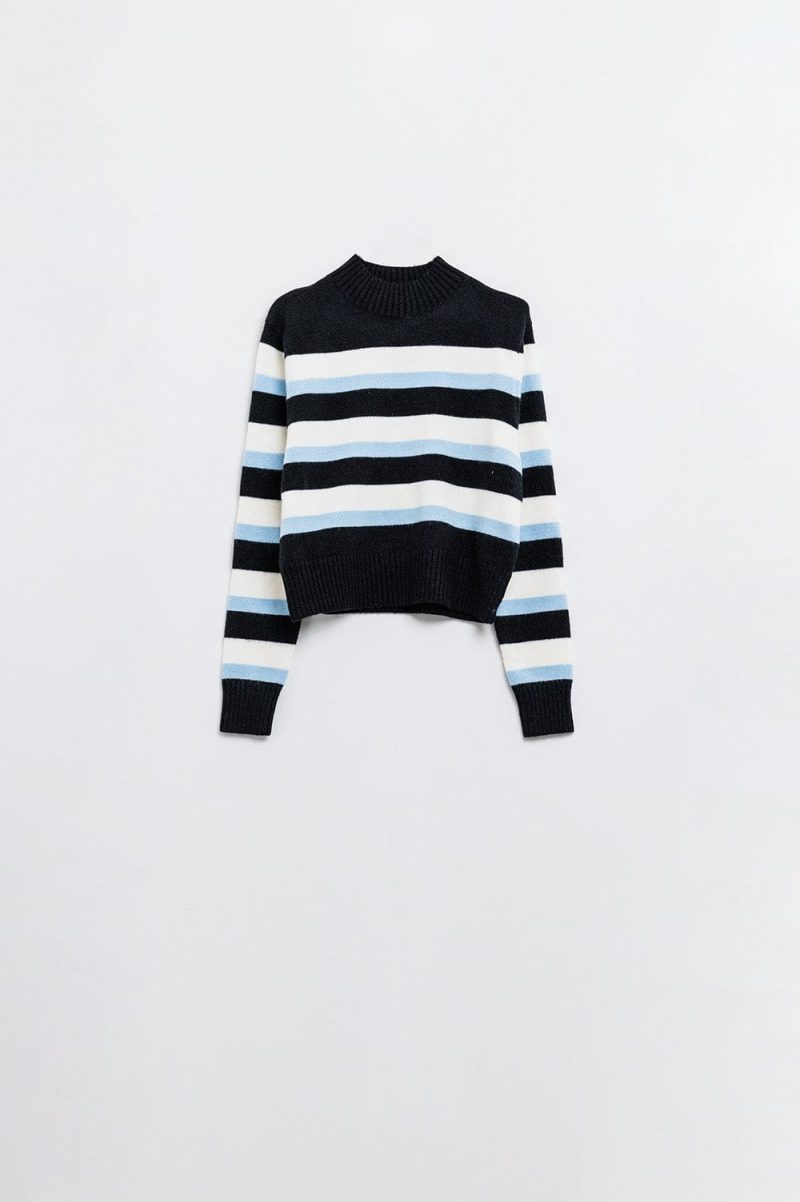 q2 women s sweater black sweater with blue and white stripes and a high neck black sweater with blue and white stripes and a high neck 41845946450178