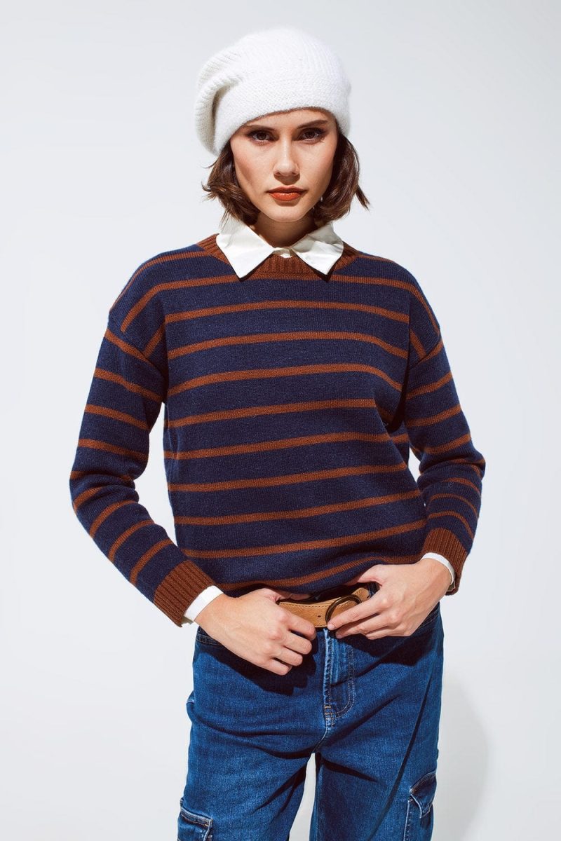 q2 women s sweater crew neck stripy sweater in navy and rust orange crew neck stripy sweater in navy and rust orange 39590650413314