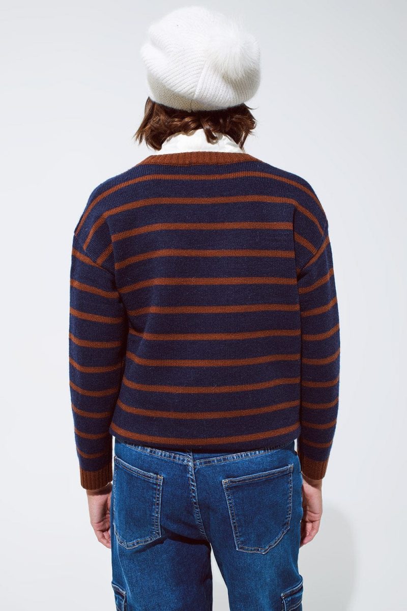 q2 women s sweater crew neck stripy sweater in navy and rust orange crew neck stripy sweater in navy and rust orange 39590650446082