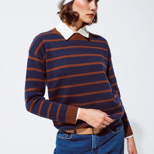 q2 women s sweater crew neck stripy sweater in navy and rust orange crew neck stripy sweater in navy and rust orange 39590650478850