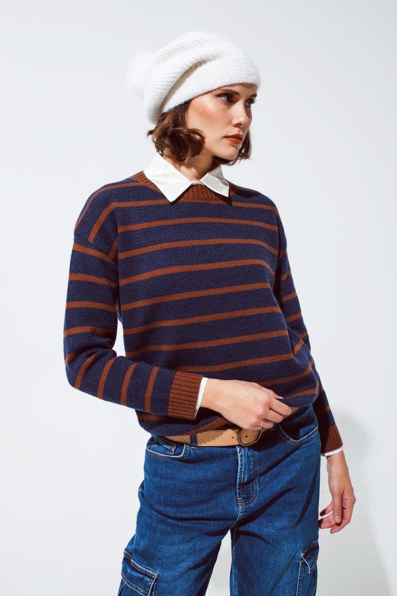 q2 women s sweater crew neck stripy sweater in navy and rust orange crew neck stripy sweater in navy and rust orange 39590650478850