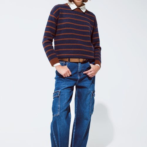 q2 women s sweater crew neck stripy sweater in navy and rust orange crew neck stripy sweater in navy and rust orange 39590650511618