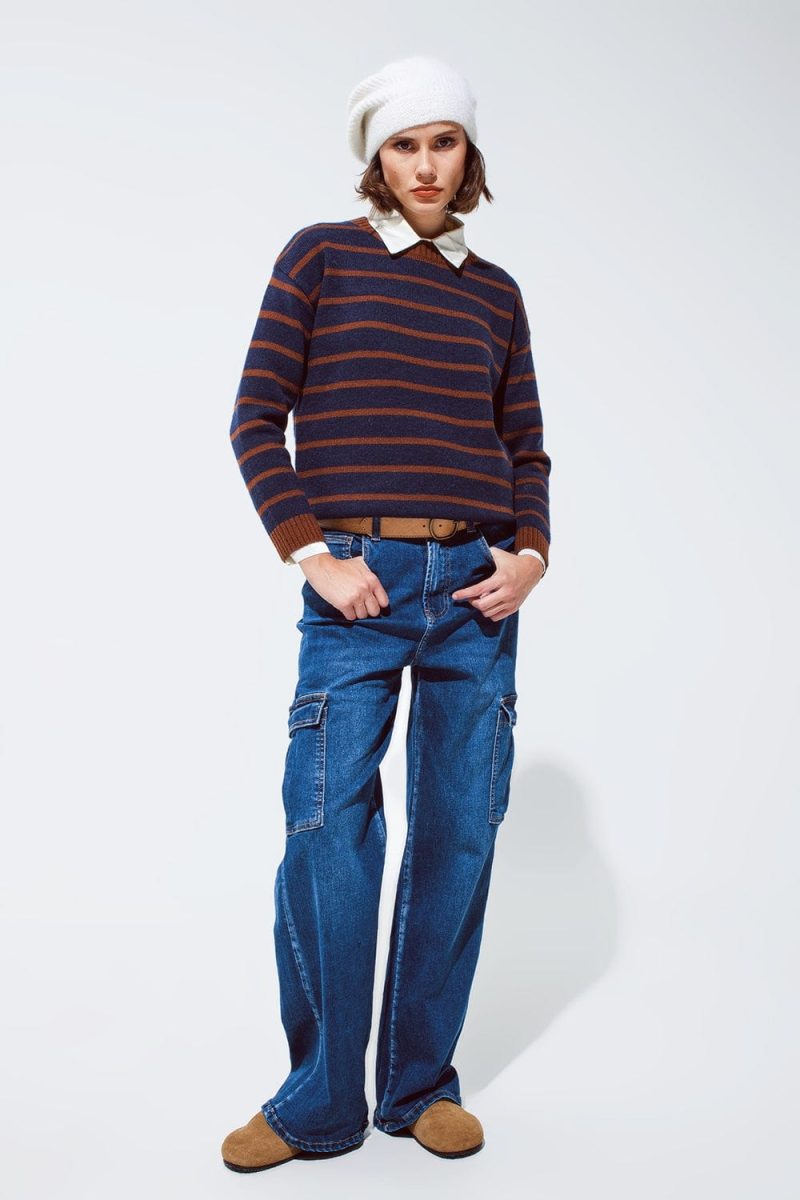 q2 women s sweater crew neck stripy sweater in navy and rust orange crew neck stripy sweater in navy and rust orange 39590650511618