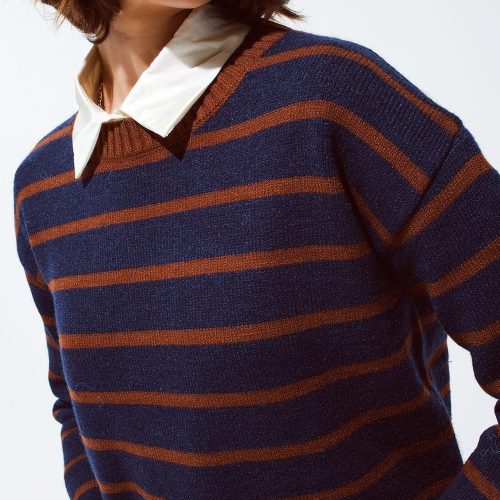 q2 women s sweater crew neck stripy sweater in navy and rust orange crew neck stripy sweater in navy and rust orange 39590650544386