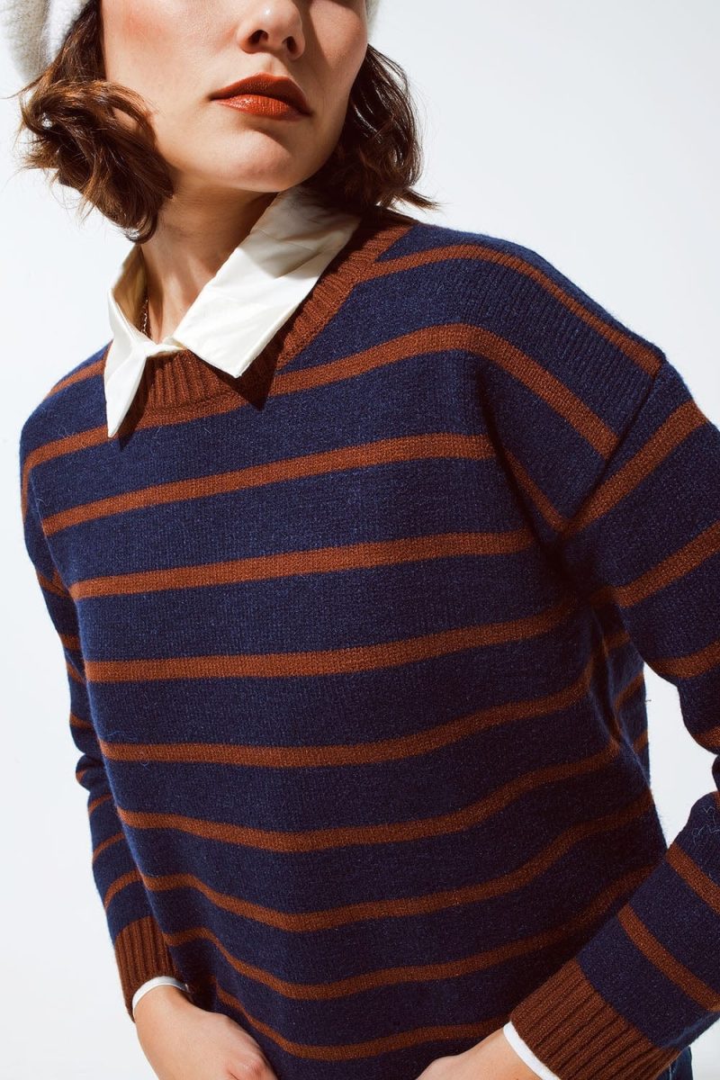 q2 women s sweater crew neck stripy sweater in navy and rust orange crew neck stripy sweater in navy and rust orange 39590650544386