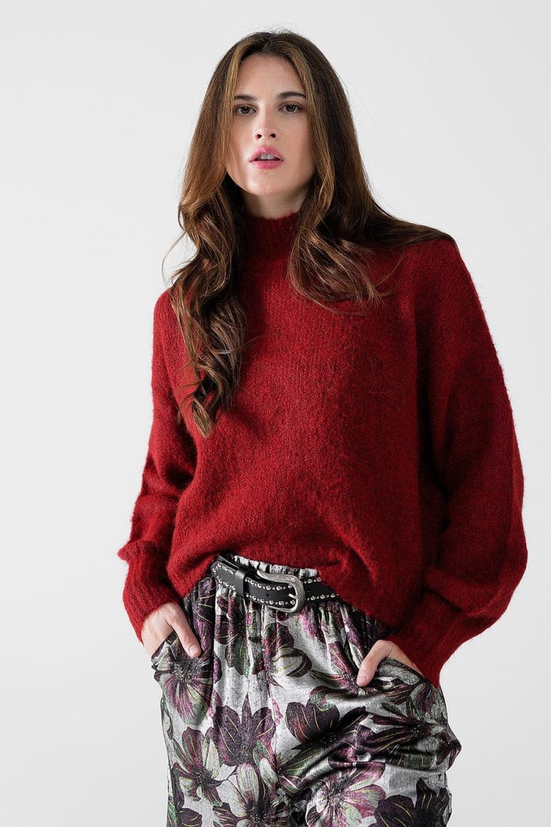 q2 women s sweater fluffy red sweater with high neck and balloon sleeves fluffy red sweater with high neck and balloon sleeves 42084514922754