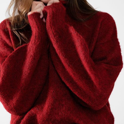 q2 women s sweater fluffy red sweater with high neck and balloon sleeves fluffy red sweater with high neck and balloon sleeves 42084515053826