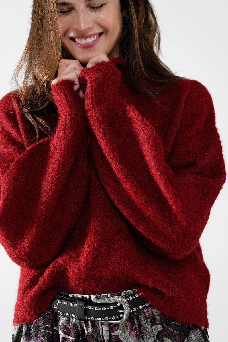 q2 women s sweater fluffy red sweater with high neck and balloon sleeves fluffy red sweater with high neck and balloon sleeves 42084515053826