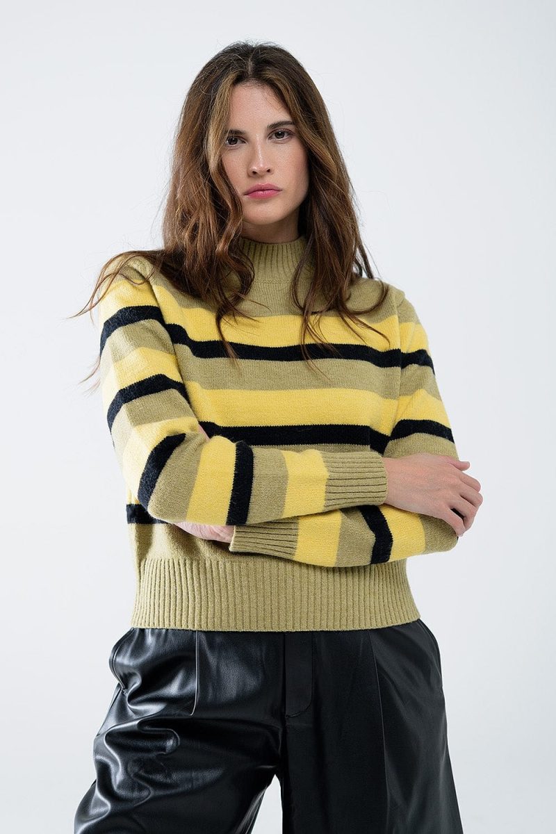 q2 women s sweater green sweater with black and yellow stripes green sweater with black and yellow stripes 42084471013634