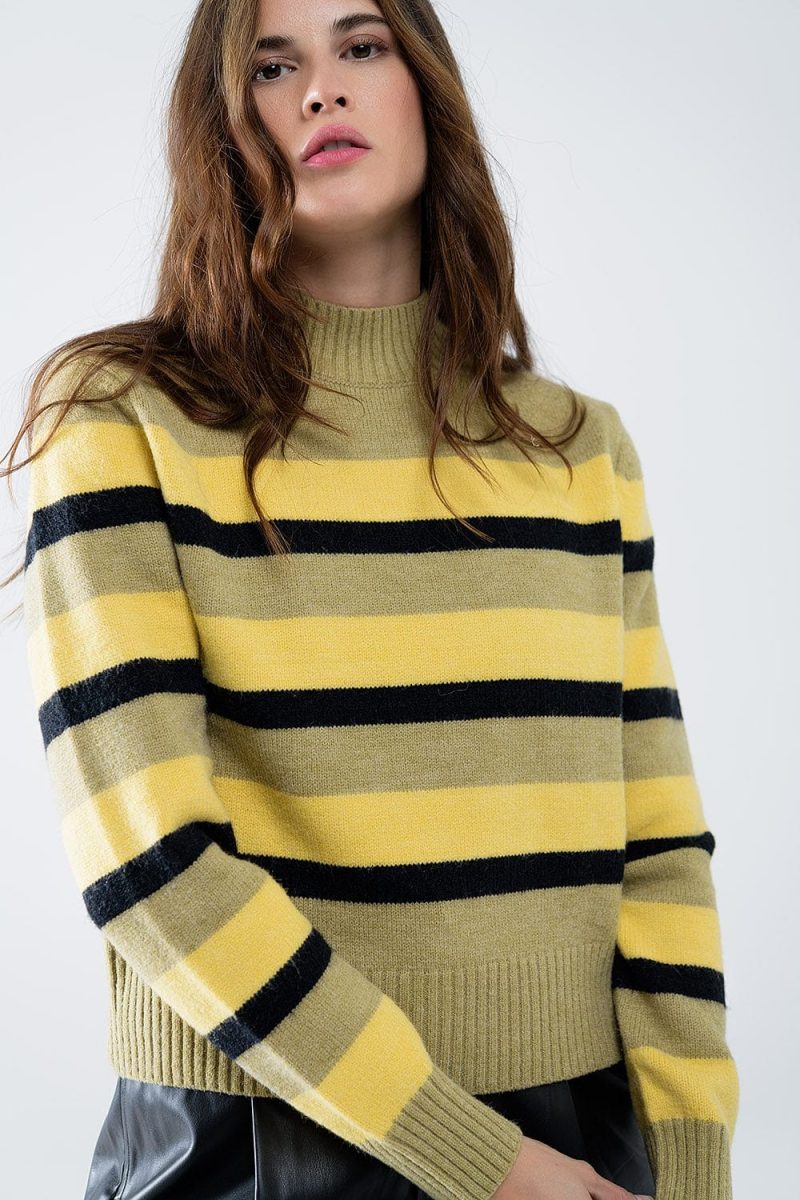 q2 women s sweater green sweater with black and yellow stripes green sweater with black and yellow stripes 42084471177474