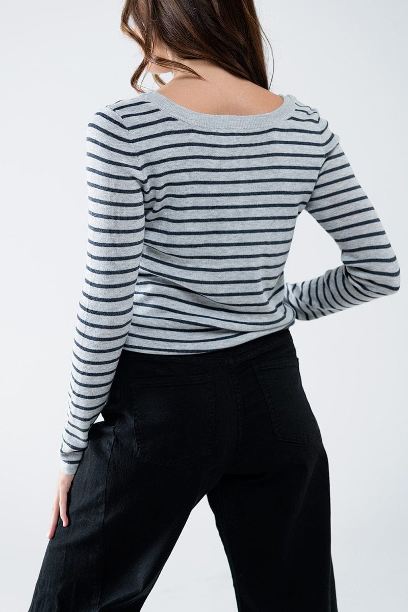 q2 women s sweater grey striped fine knit sweater with boat neck grey striped fine knit sweater with boat neck 42084490969346