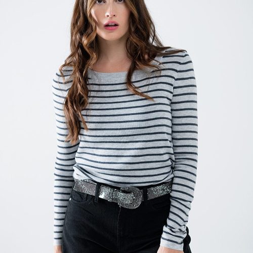 q2 women s sweater grey striped fine knit sweater with boat neck grey striped fine knit sweater with boat neck 42084491002114