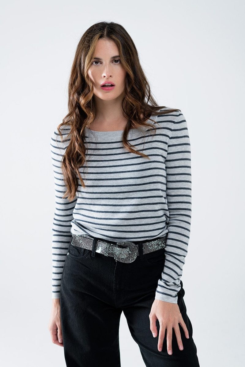 q2 women s sweater grey striped fine knit sweater with boat neck grey striped fine knit sweater with boat neck 42084491002114