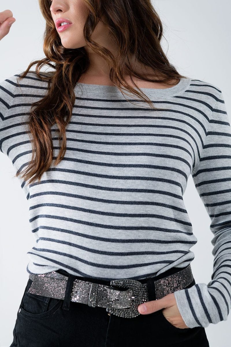 q2 women s sweater grey striped fine knit sweater with boat neck grey striped fine knit sweater with boat neck 42084491067650