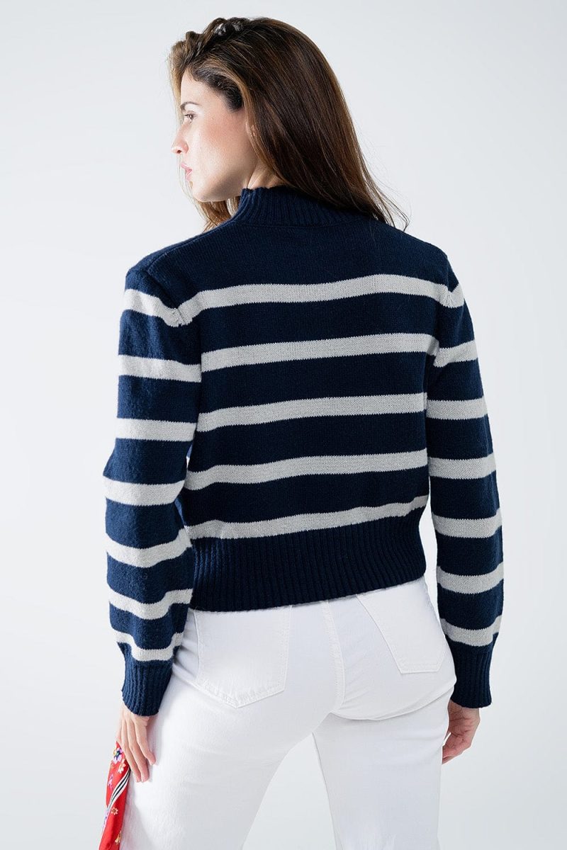 q2 women s sweater high neck striped sweater in navy and grey high neck striped sweater in navy and grey 42115309732098