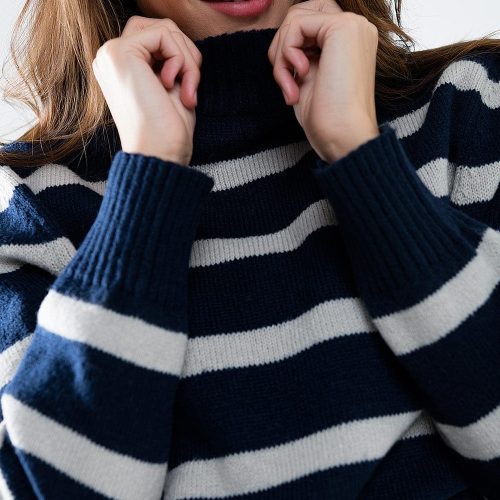 q2 women s sweater high neck striped sweater in navy and grey high neck striped sweater in navy and grey 42115309797634