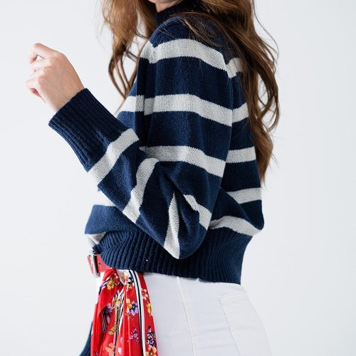 q2 women s sweater high neck striped sweater in navy and grey high neck striped sweater in navy and grey 42115309830402