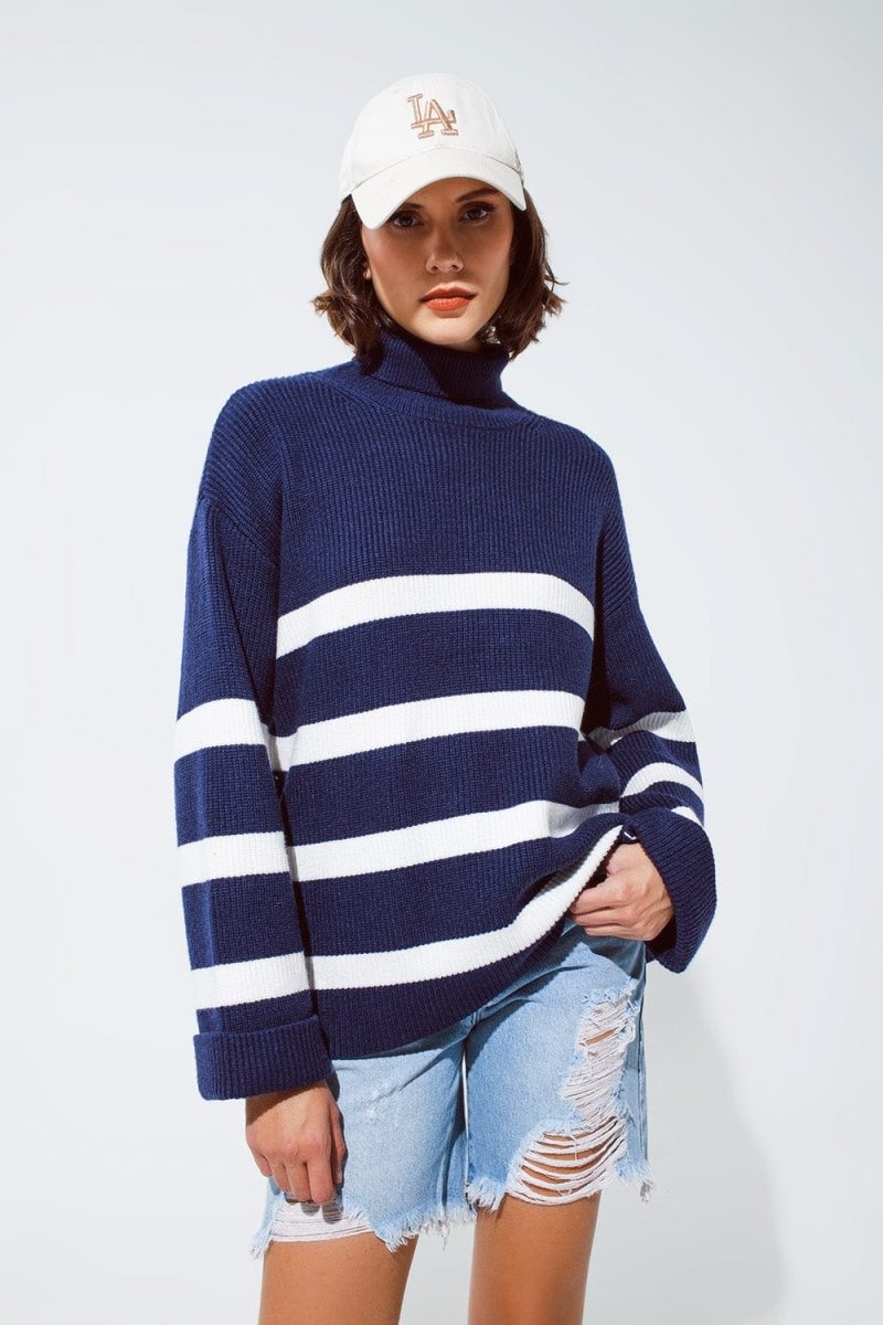 q2 women s sweater navy blue turtle neck sweater in navy with stripes navy blue turtle neck sweater in navy with stripes 39590649069826