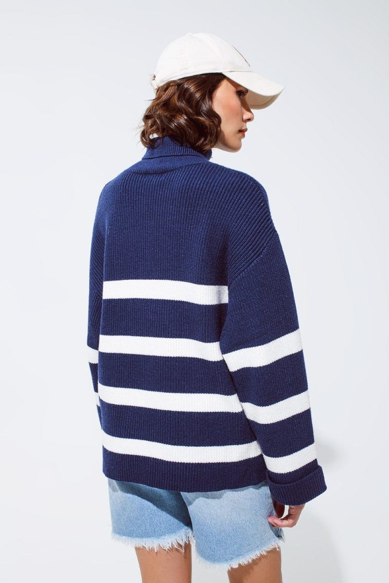 q2 women s sweater navy blue turtle neck sweater in navy with stripes navy blue turtle neck sweater in navy with stripes 39590649102594