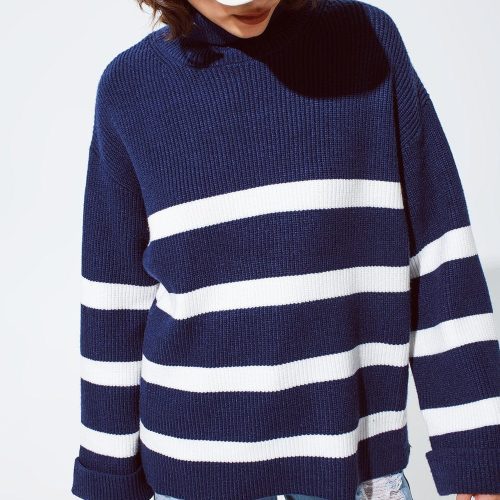 q2 women s sweater navy blue turtle neck sweater in navy with stripes navy blue turtle neck sweater in navy with stripes 39590649168130