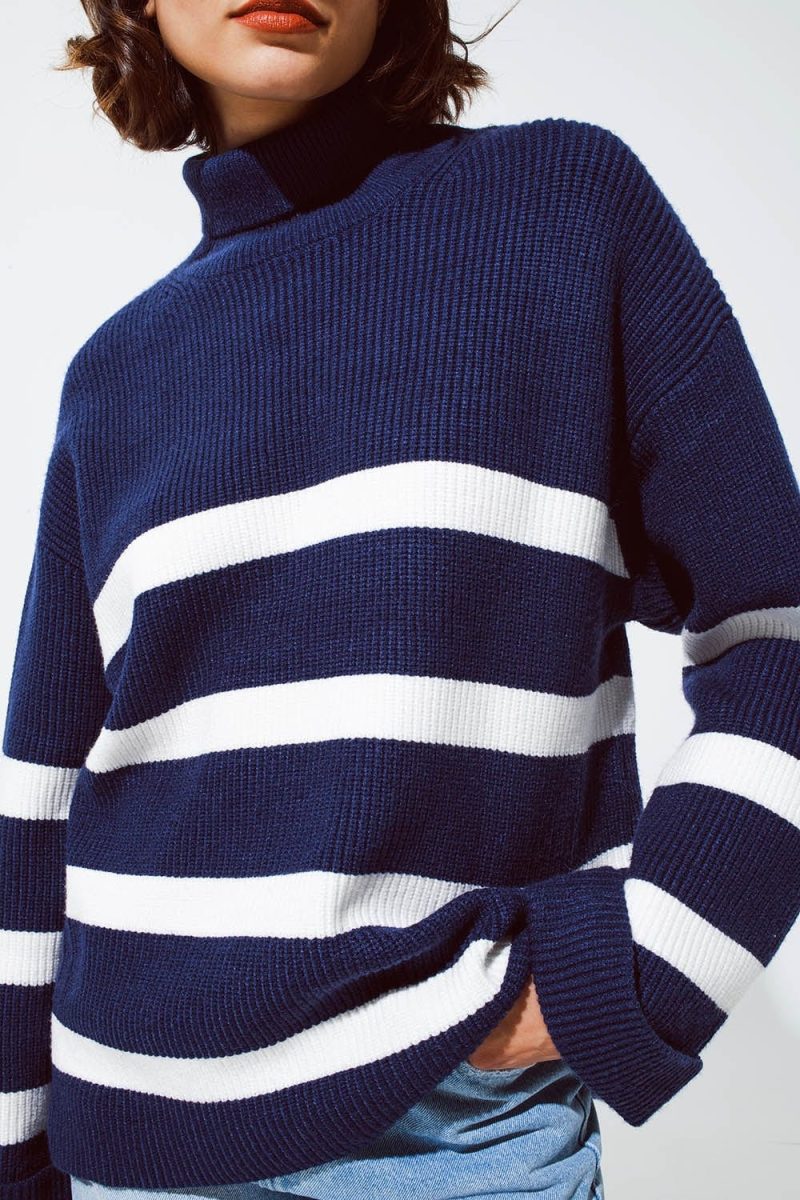 q2 women s sweater navy blue turtle neck sweater in navy with stripes navy blue turtle neck sweater in navy with stripes 39590649200898