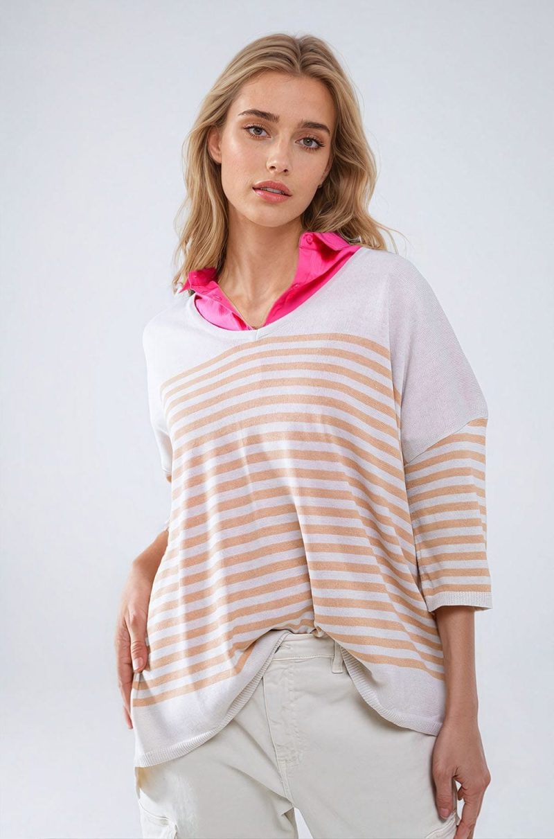 q2 women s sweater one size beige oversized beige sweater with brown stripes and v neck oversized beige sweater with brown stripes and v neck 5502902 60469 2503000221010 4089755543168