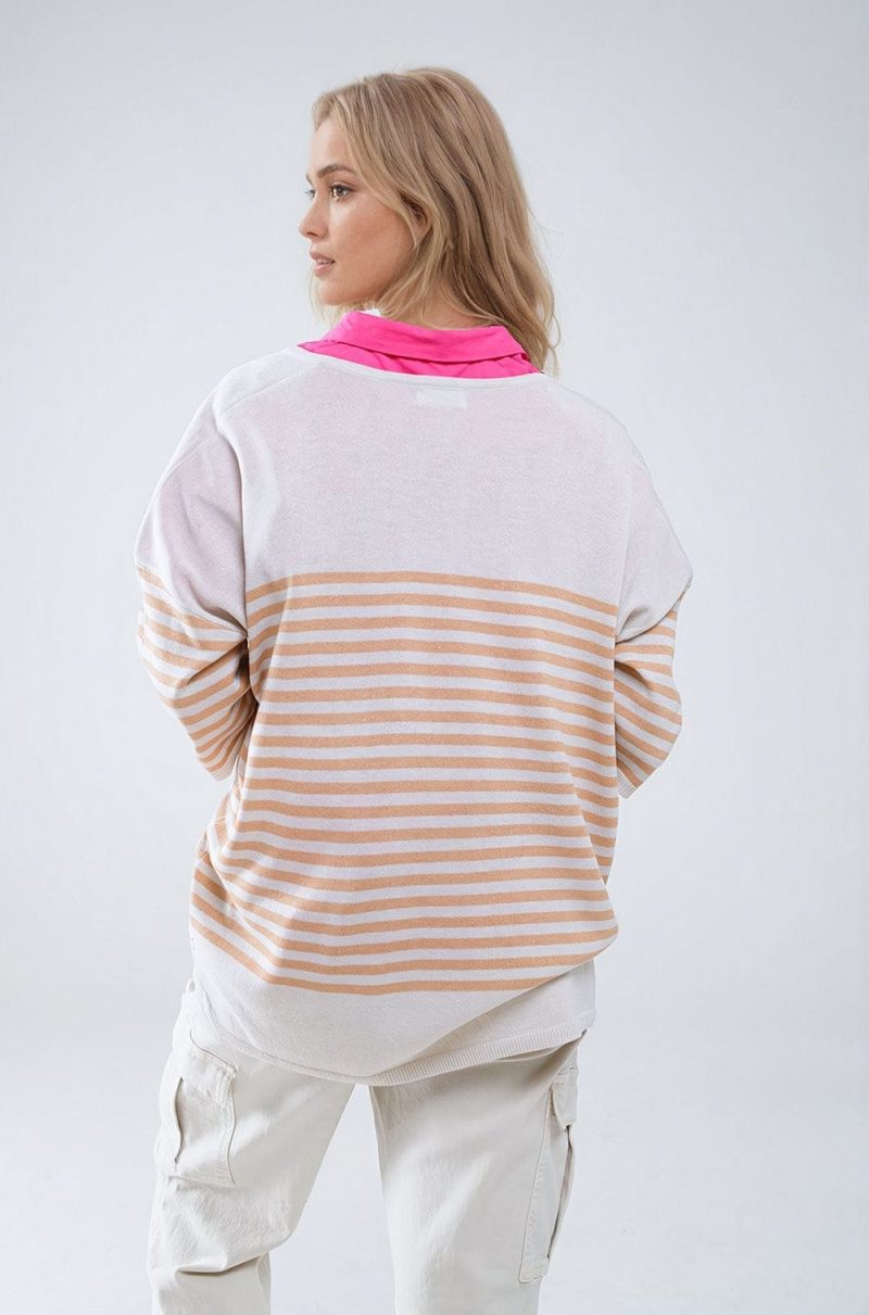 q2 women s sweater one size beige oversized beige sweater with brown stripes and v neck oversized beige sweater with brown stripes and v neck 5502902 60469 2503000221010 4089755546445