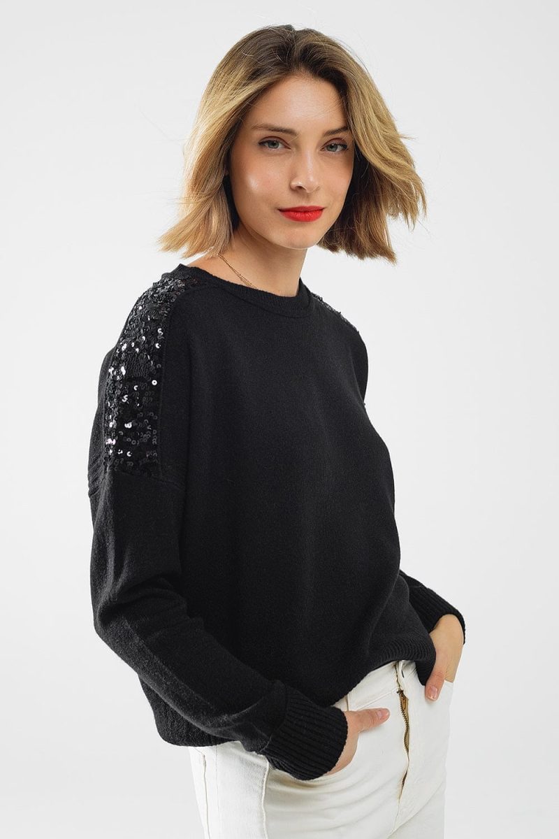 q2 women s sweater one size black black long sleeves sweater with sequins on the shoulders black long sleeves sweater with sequins on the shoulders 5557101 63030 2610900121019 41960319779074