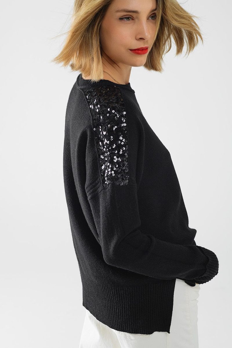 q2 women s sweater one size black black long sleeves sweater with sequins on the shoulders black long sleeves sweater with sequins on the shoulders 5557101 63030 2610900121019 41960319811842