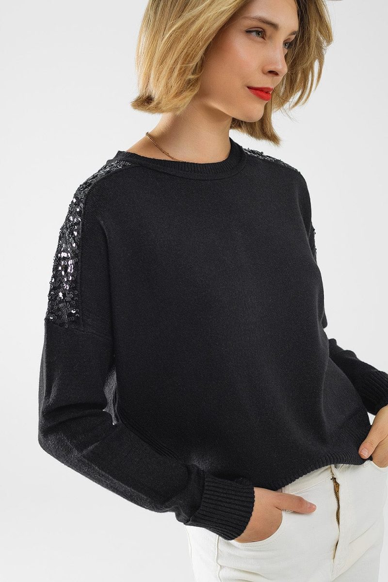 q2 women s sweater one size black black long sleeves sweater with sequins on the shoulders black long sleeves sweater with sequins on the shoulders 5557101 63030 2610900121019 41960319877378