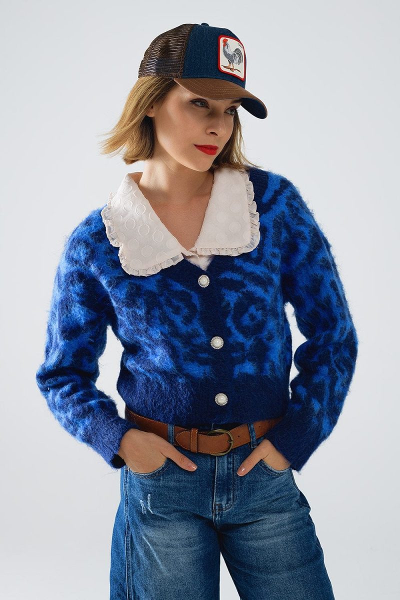 q2 women s sweater one size blue blue leopard print cardigan made of knitted fabric with wool blue leopard print cardigan made of knitted fabric with wool 1610208 63024 2610300821014 41960327381250