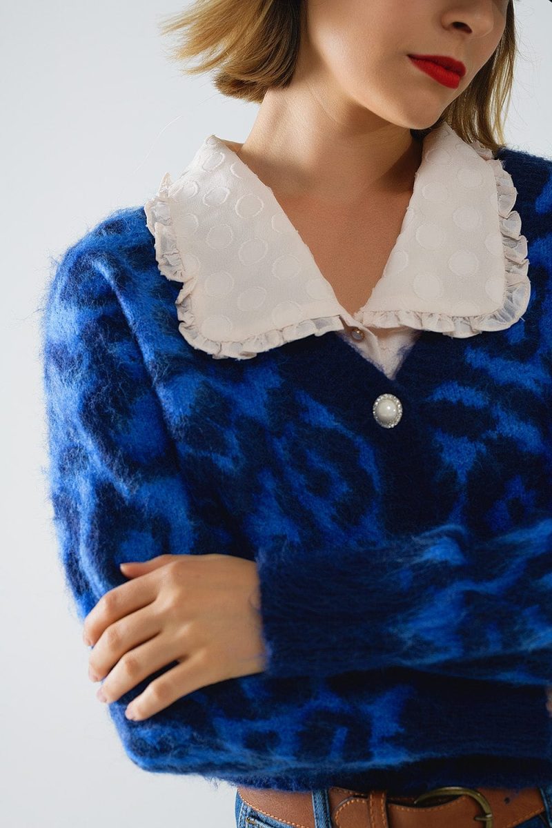 q2 women s sweater one size blue blue leopard print cardigan made of knitted fabric with wool blue leopard print cardigan made of knitted fabric with wool 1610208 63024 2610300821014 41960327479554